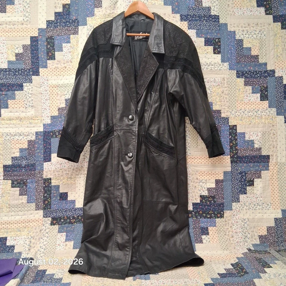 Vintage 90s Winlit Womens Leather Coat Size Medium Black Trench Duster Paisley